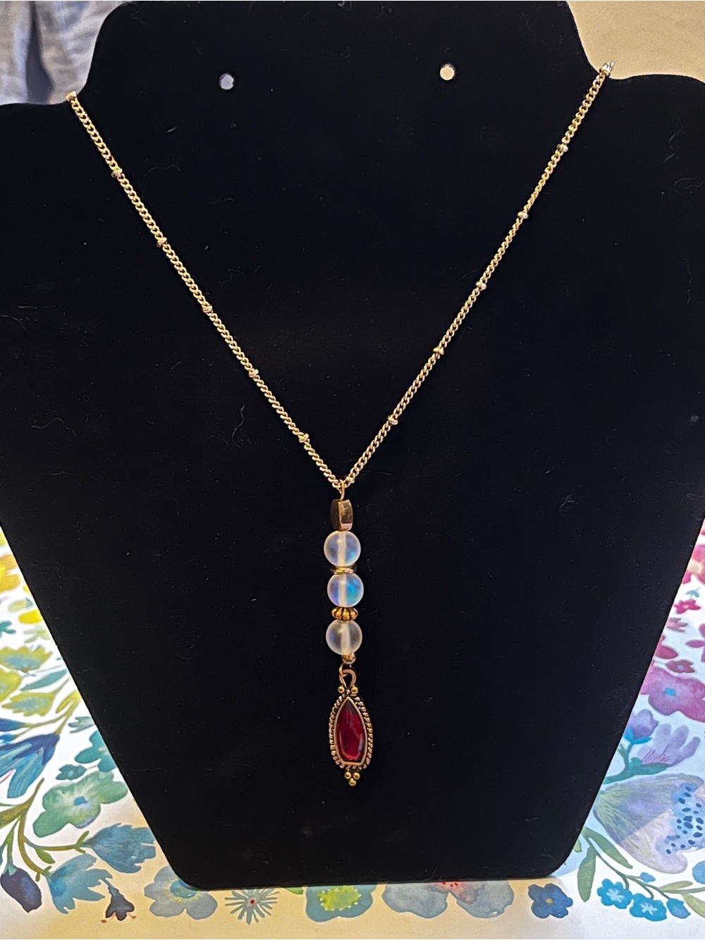 Handmade 1 of a kind Gold Chain Necklace with Opalescent Beads and Red Pendant